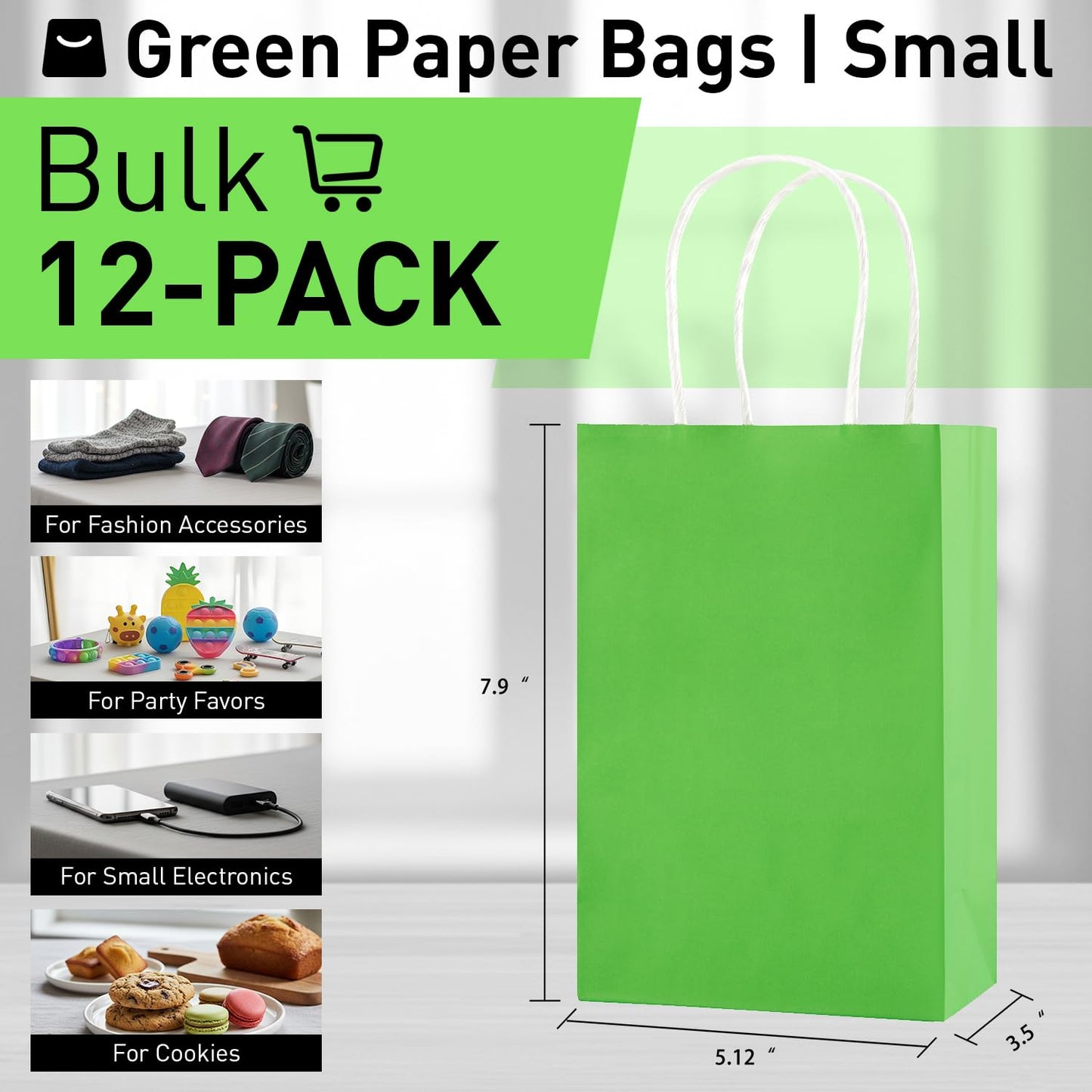 SUNCOLOR 12-Pack Green Gift Bags with Handles, 7.9 x 5.12 x 3.15 Inches Recyclable Paper Party Favor Bags for Birthday, Christmas, Easter, St. Patrick's Day