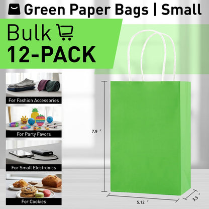 SUNCOLOR 12-Pack Green Gift Bags with Handles, 7.9 x 5.12 x 3.15 Inches Recyclable Paper Party Favor Bags for Birthday, Christmas, Easter, St. Patrick's Day
