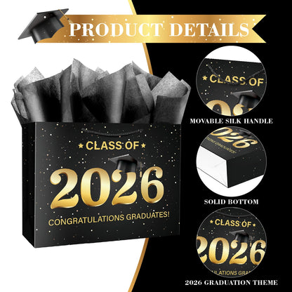 Linelglobal 2026 Graduation Gift Bag with Tissue Paper Large Congrat Grad 15.7" Black