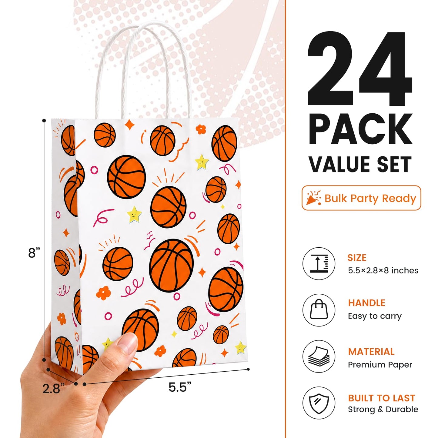 VGOODALL 24 Pack Gift Bags, 5.5" x 2.8" x 8" Basketball Party Favor Bags with Handles for Sports Themed Party Girls Boys Birthday Decoration