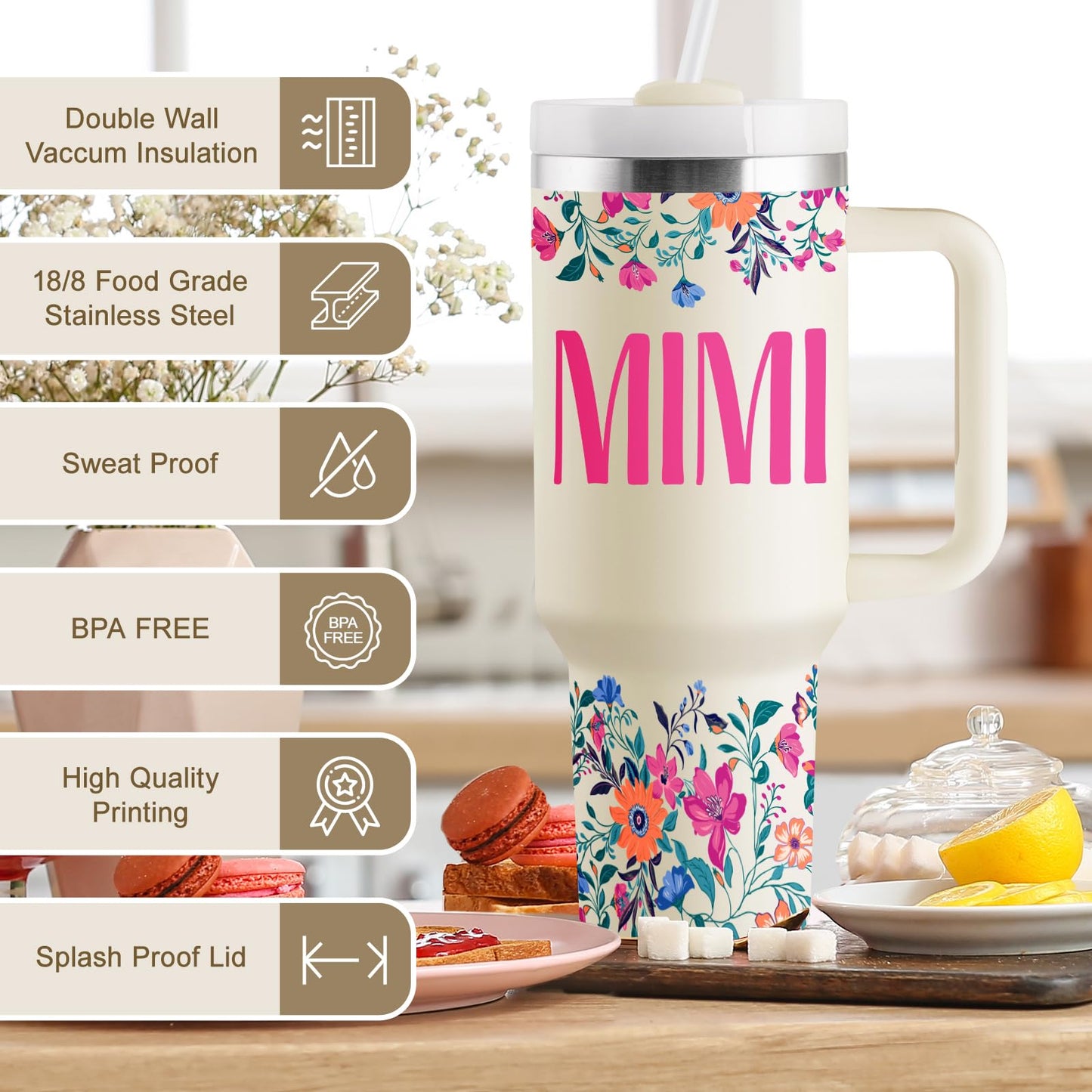 ROSTANTEN Mimi Gifts for Grandma Birthday Gifts for Mimi Grandma Gift Ideas from Grandkids for Mothers Day Christmas 40oz Travel Cup Insulated Tumbler with Lid & Straw