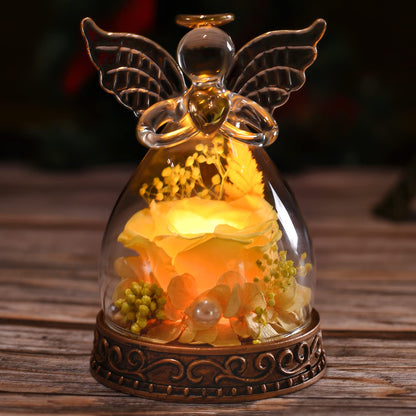 Preserved Real Rose in Glass Angel Figurine with LED Light, Angel Gifts for Women, Mom, Grandma on Mother's Day Christmas Birthday (Yellow)