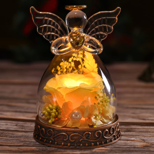 Preserved Real Rose in Glass Angel Figurine with LED Light, Angel Gifts for Women, Mom, Grandma on Mother's Day Christmas Birthday (Yellow)
