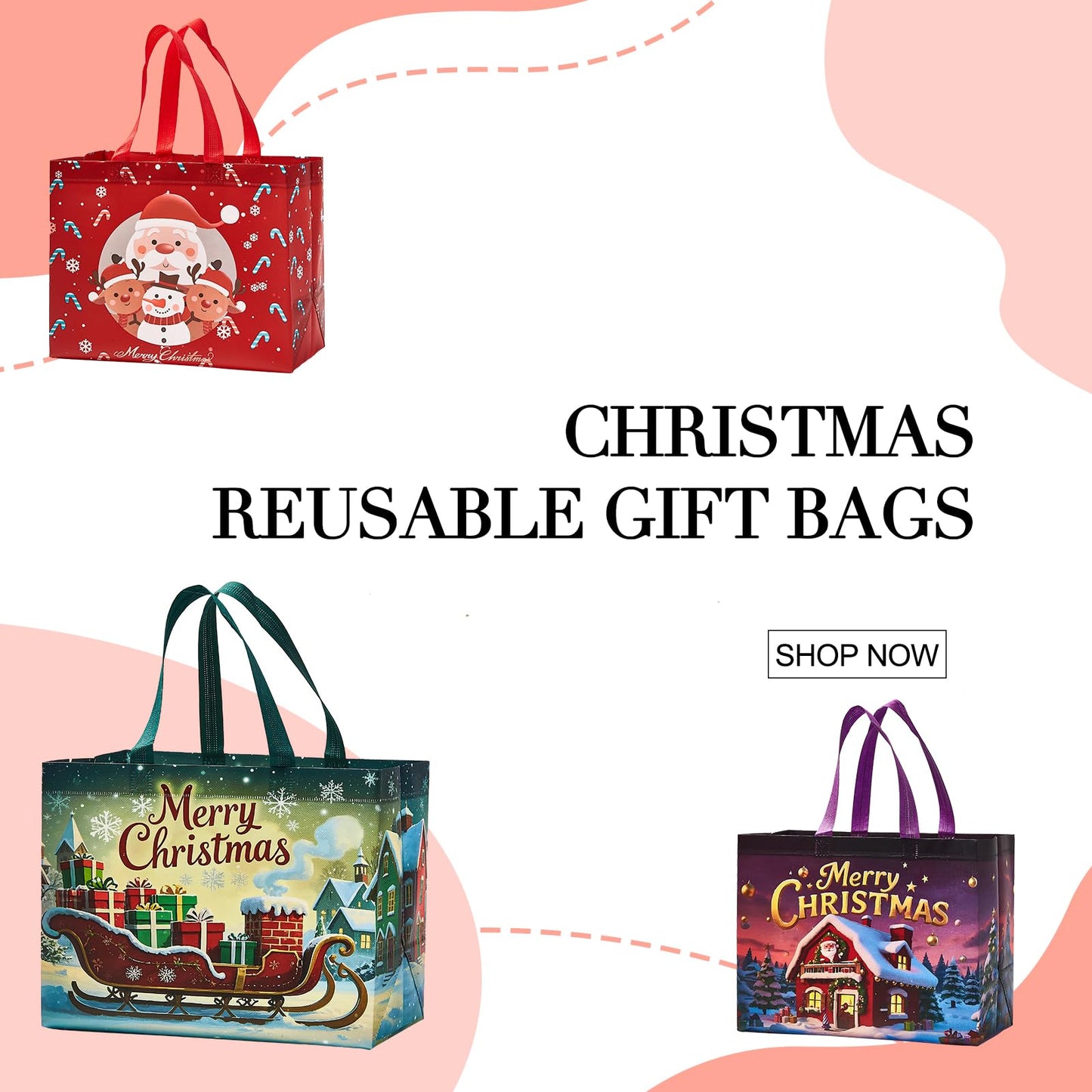 sishunhang 24 Pack Large Christmas Gift Bags 12.8"*6.7"*9.8", Reusable Non-Woven Jumbo Tote Bags with Handles For Christmas Surprise, Xmas Party Supplies Wrapping Shopping