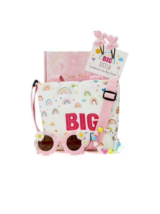 Big Sister Gift Set for Girls - Canvas Tote Bag, Bracelet, Sunglasses, Butterfly Hair Clips - Road Trip & Family Travel Essentials - Sibling Announcement - 6PCS