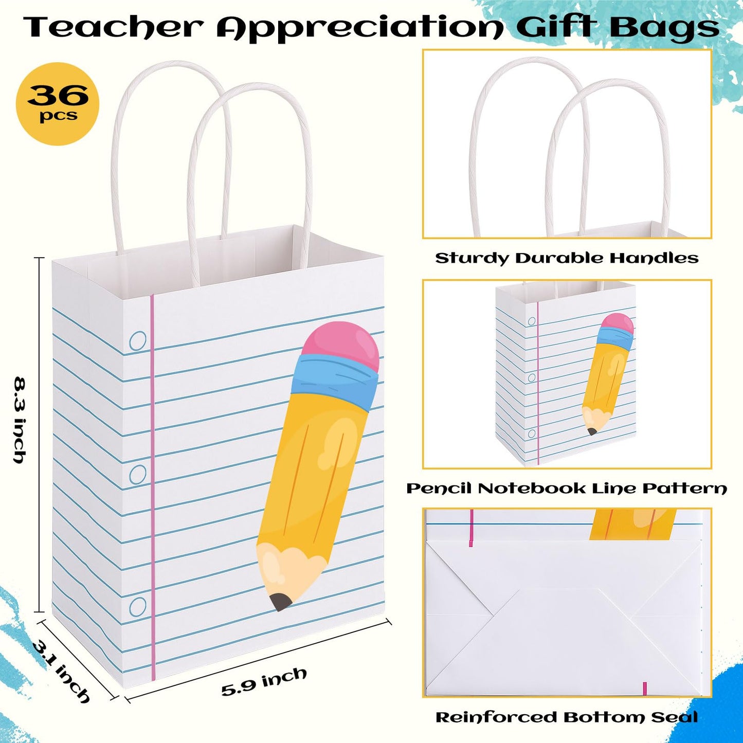 FOGWOWO 36Pcs Back to School Gift Bags Teacher Gift Bags Bulk School Gifts Bag with Handles,Pencil Notebook Line Teacher Appreciation Gifts End of Year Teacher Gifts Bags for Graduation Retirement Wrapping Supplies