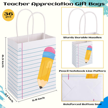 FOGWOWO 36Pcs Back to School Gift Bags Teacher Gift Bags Bulk School Gifts Bag with Handles,Pencil Notebook Line Teacher Appreciation Gifts End of Year Teacher Gifts Bags for Graduation Retirement Wrapping Supplies