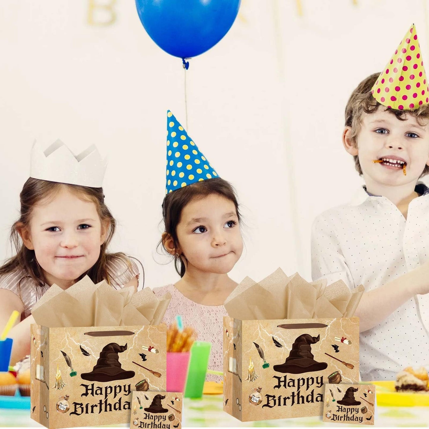 Zliisang Magical Wizard Birthday Gift Bag with Tissue Paper and Greeting Card Magical Hat Birthday Party Favor Bags Wizard Birthday Party Supplies Halloween Party Favors
