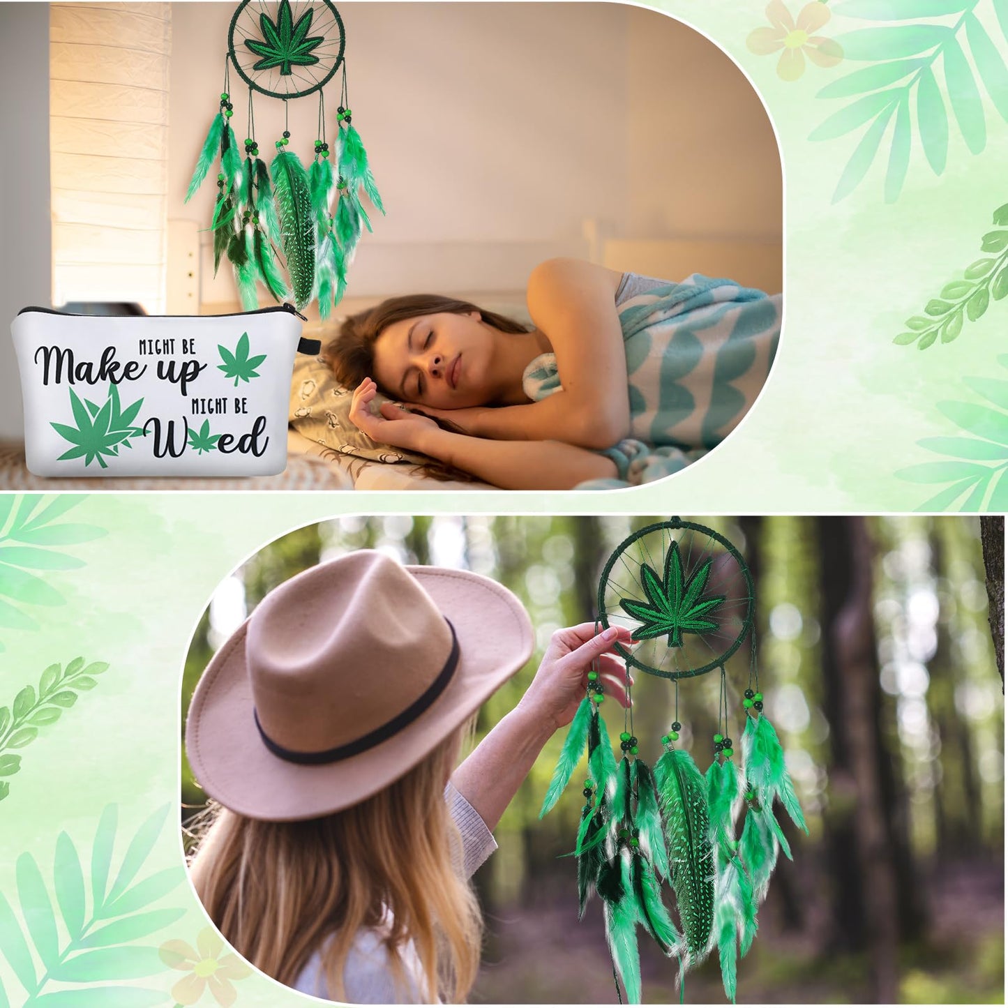Wenqik 3 Pcs Green Leaf Gifts for Women, Friends, Mom, Green Enthusiasts Include Embroidery Dream Catcher, Makeup Zipper Bag, Stockings Cotton for Valentine Mind Birthday Christmas Party