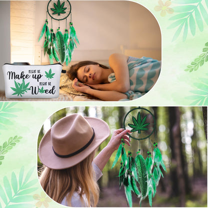 Wenqik 3 Pcs Green Leaf Gifts for Women, Friends, Mom, Green Enthusiasts Include Embroidery Dream Catcher, Makeup Zipper Bag, Stockings Cotton for Valentine Mind Birthday Christmas Party