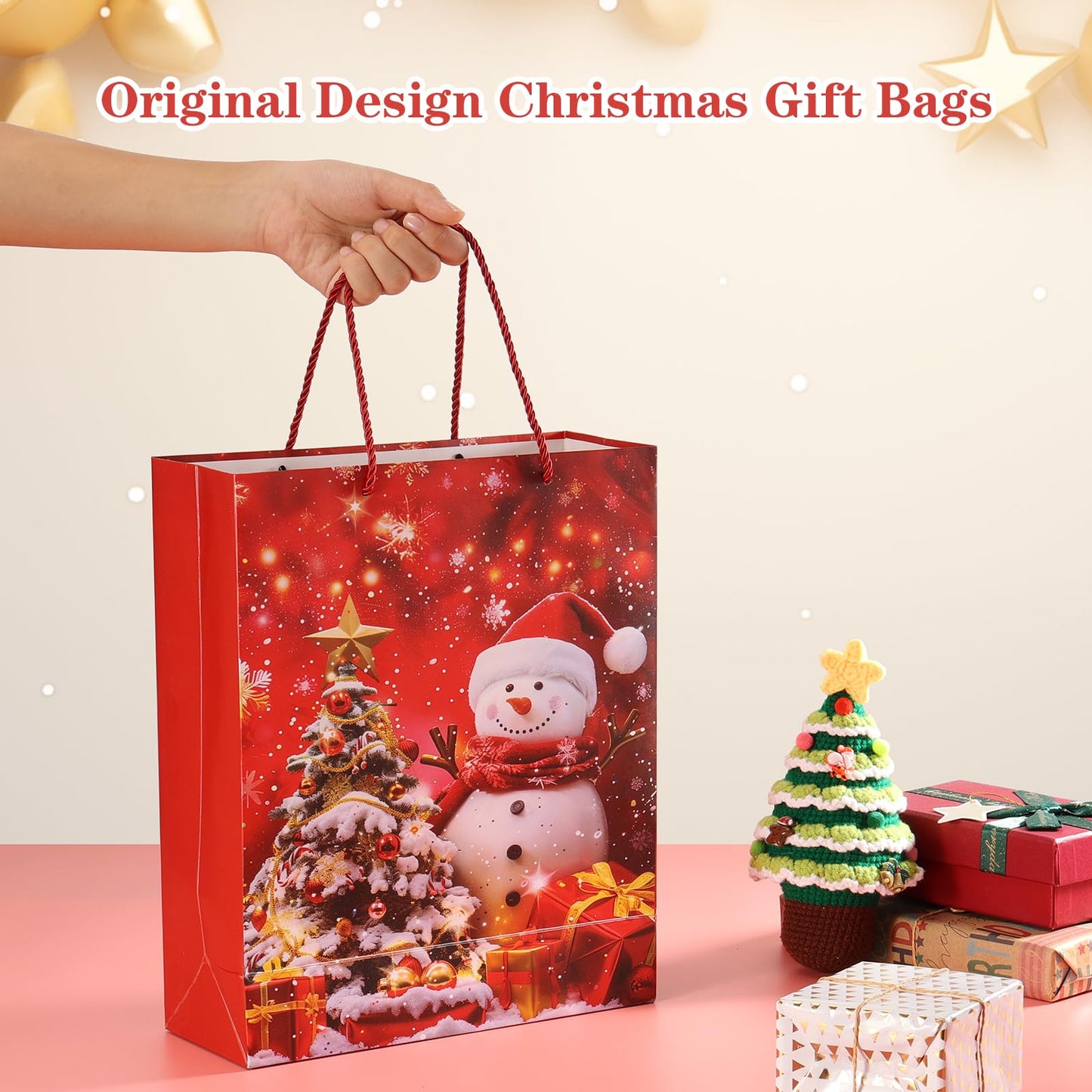 Rusikia 12 Christmas Gift Bags with 12 Tissues and 1 Satin Ribbon, Red Party Favor Bags Bulk with Handles, Glittery Cute Tree Snow-man Paper Bag for Xmas Holiday Party (Medium 10"x4"x12.6")