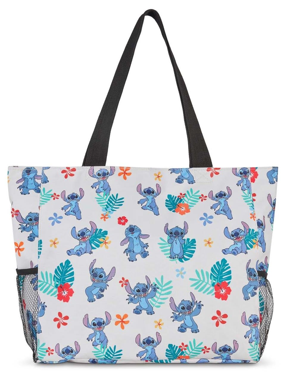 Disney Stitch Women Zip Tote Shoulder Bag Beach Travel Mesh Side Pockets (Stitch White)