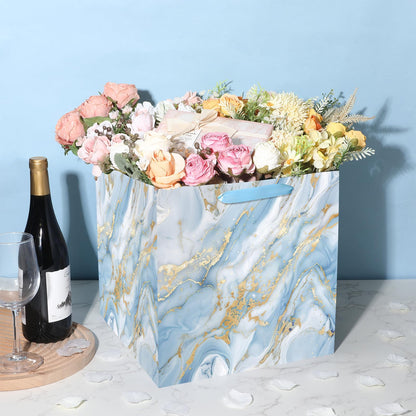 Woosytoo 12 Inch Extra Large Gift Bags - Blue Gold Marble Square Gift Bag with Handles Jumbo Wedding Gift Bags Giant Wrapping Paper Bag for Birthday Christmas Engagement Bridal Shower Party Favors