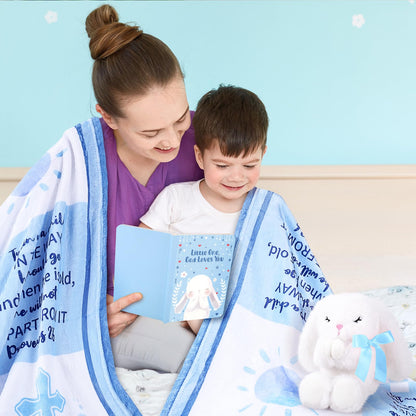 Baptism Gifts for Boy, Christening Gifts for Boys, Dedication Gift, Includes Bunny Stuffed Animal, First Rosary Beads, Prayer Book, Keepsake Blanket, Catholic Baptism Gift Basket