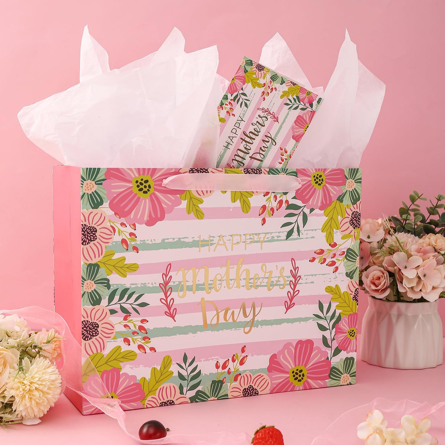 CAMKUZON Large Mother's Day Gift Bag with Card and Tissue Paper for Mom Grandma Nana Sisters - Gold Foil Happy Mother's Day & Pink Floral Design, 13" X 10" X 5"