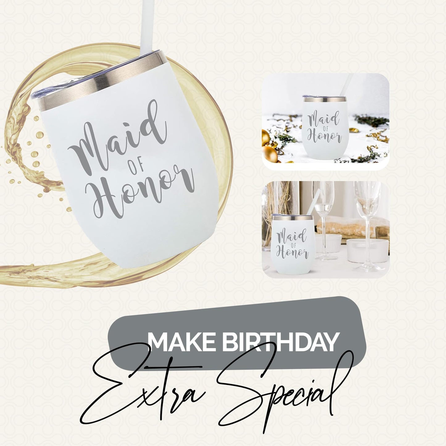 Your Dream Party Shop Maid of Honor Tumbler, 12oz - White Stainless Steel Stemless Wine Cup, Proposal Gifts from Bride - Maid of Honor Gifts Proposal