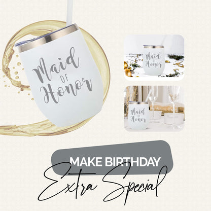 Your Dream Party Shop Maid of Honor Tumbler, 12oz - White Stainless Steel Stemless Wine Cup, Proposal Gifts from Bride - Maid of Honor Gifts Proposal