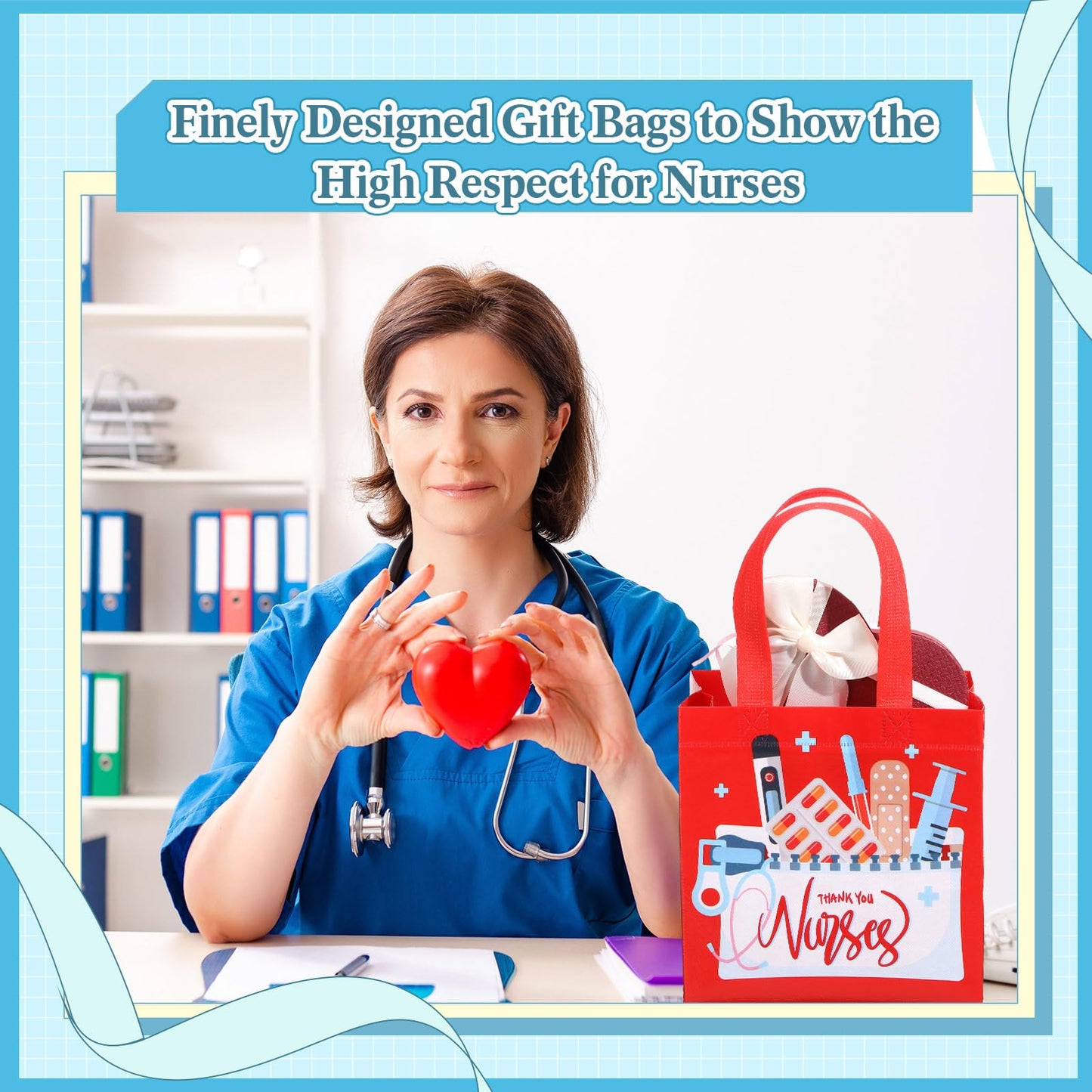 SiliFine 48 Pcs Nurse Appreciation Gifts Bags Thank You Nurses Non Woven Tote Medical Assistant Goodie Bags with Handles for Nurses' Day Party Supplies Graduation Decorations, 8 x 6 x 8 Inches
