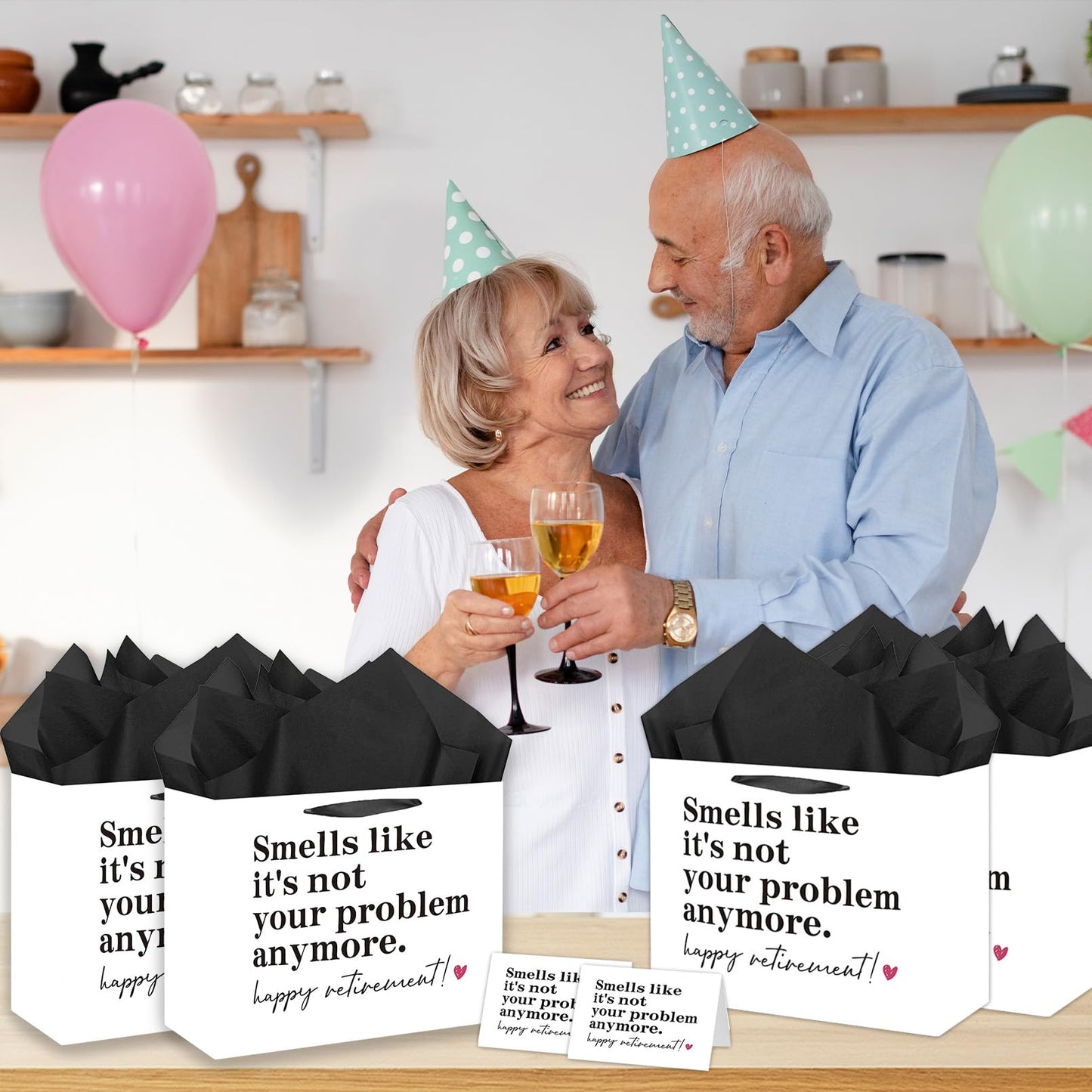 Anyangzhao Black and White Retirement Gift Bag, Funny Retirement Gift Bag with Greeting Card and Tissue Paper, Happy Retired Party Decorations for Men, Women, Farewell, Going Away Party Supplies