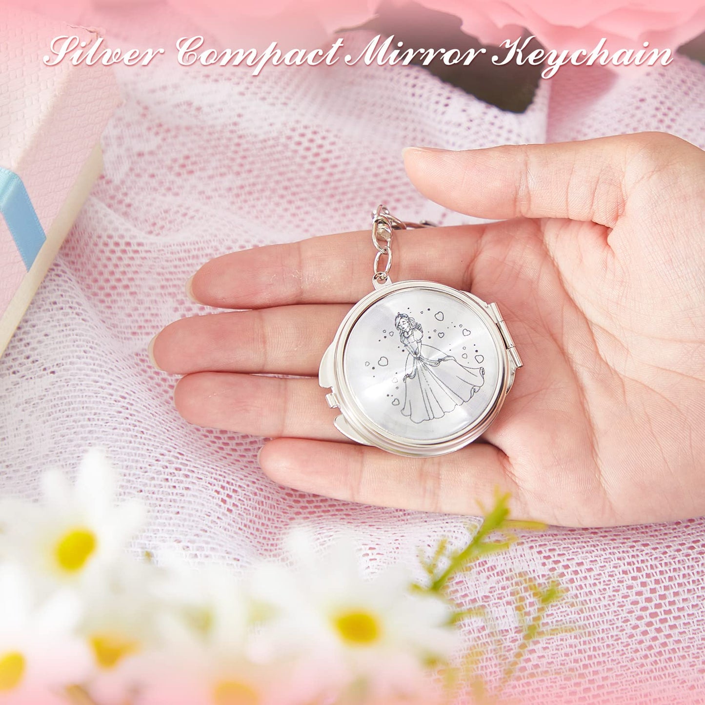 Nosiny 50 Sets Quinceanera Party Favor for Guests Silver Compact Mirror Keychain with White Organza Bag 15 Birthday Gift for Guest Princess Party Favor