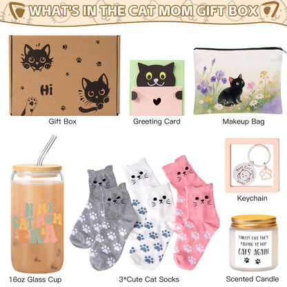 Cat Lover Gifts for Women, Cat Gifts for Women, Cat‘s Themed Gift for Christmas Mothers Day Birthdays, Funny Gift for Cats Lovers for Crazy Cats Lady Mom Daughters with Glass Cup Scented Candle Socks