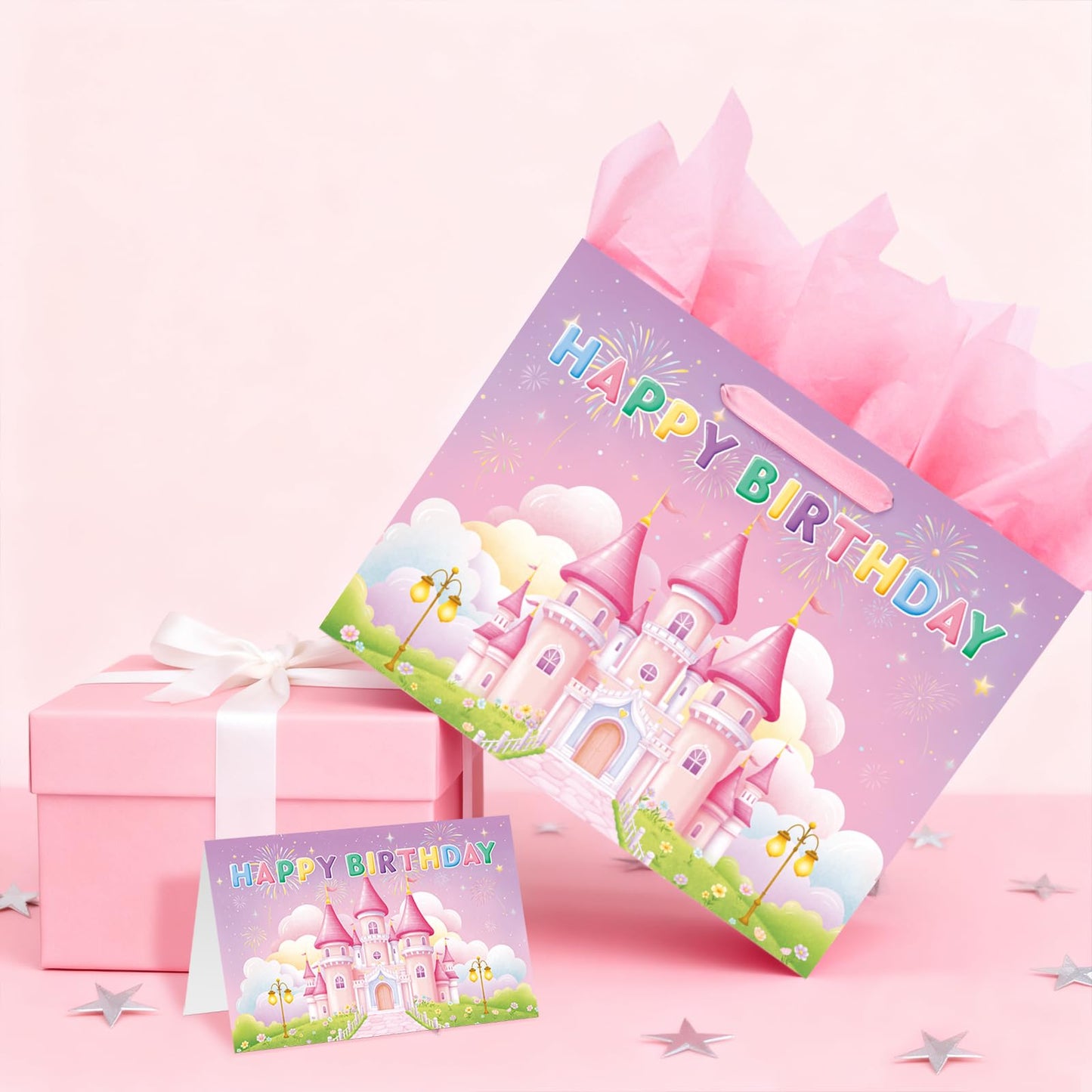 Princess Castle Birthday Gift Bag Set - Includes Card & Tissue Paper, Medium Size 13x10.2x4.9”, Ideal Birthday Bag for Women, Girls, and Kids’ Party