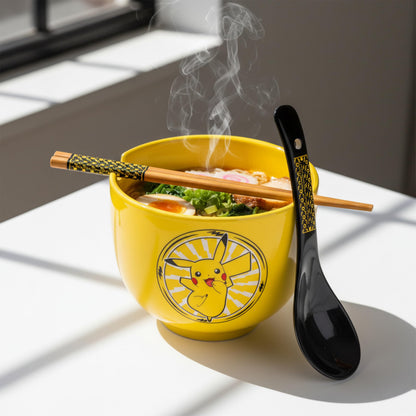 Silver Buffalo Pokemon Pikachu Electric Ceramic Ramen Noodle Rice Bowl with Chopsticks and Spoon, Microwave Safe, 20 Ounces