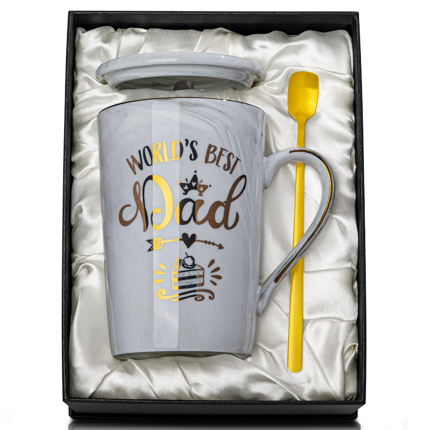 Fathers Day Birthday Gifts Presents for Dad from Daughter Son - World's Best Dad - Funny Daddy Mug with Gold Print, 14Oz Grey Marble Ceramic Coffee Cup, with Lid Spoon Greeting Card, Nice Gift Boxed