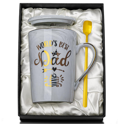Fathers Day Birthday Gifts Presents for Dad from Daughter Son - World's Best Dad - Funny Daddy Mug with Gold Print, 14Oz Grey Marble Ceramic Coffee Cup, with Lid Spoon Greeting Card, Nice Gift Boxed