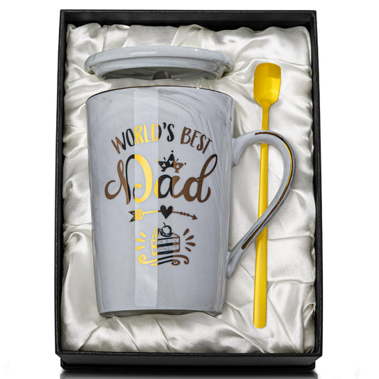 Fathers Day Birthday Gifts Presents for Dad from Daughter Son - World's Best Dad - Funny Daddy Mug with Gold Print, 14Oz Grey Marble Ceramic Coffee Cup, with Lid Spoon Greeting Card, Nice Gift Boxed