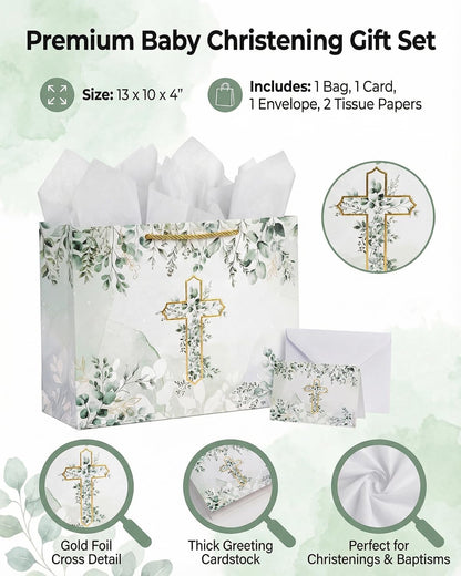 GFInYHM Baptism Gift Bag with Card and Tissue Paper, 13" Gold Foil Cross Eucalyptus Leaves Religious Gift Bags Set for First Communion, Christening, Baby Shower, Wedding, Easter, Confirmation