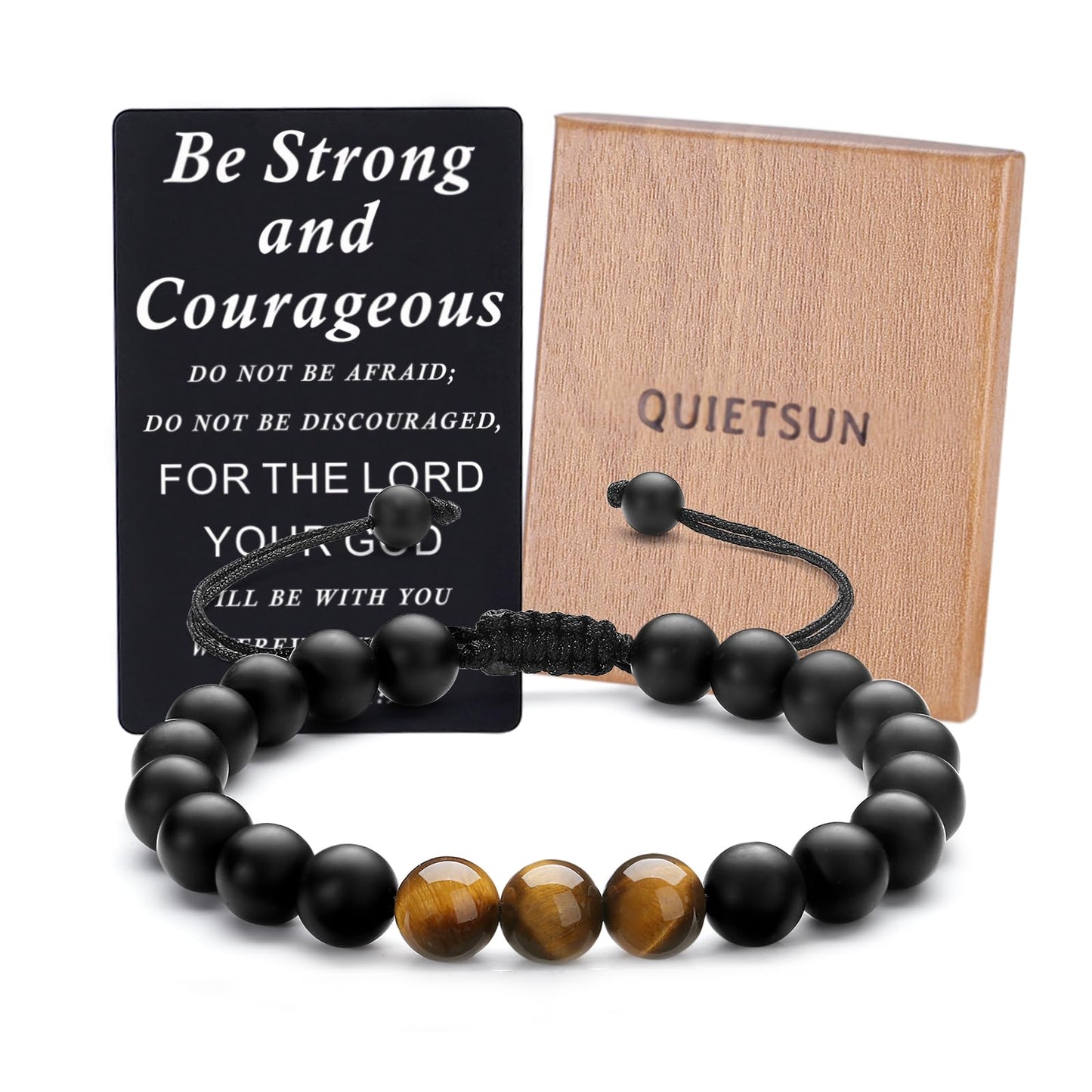 Quietsun Cool Gifts for Teen Boys/Men-Natural Gemstone Bracelet with Meaningful Metal Wallet Card in Gift Box