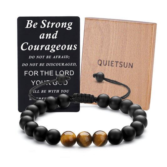 Quietsun Cool Gifts for Teen Boys/Men-Natural Gemstone Bracelet with Meaningful Metal Wallet Card in Gift Box