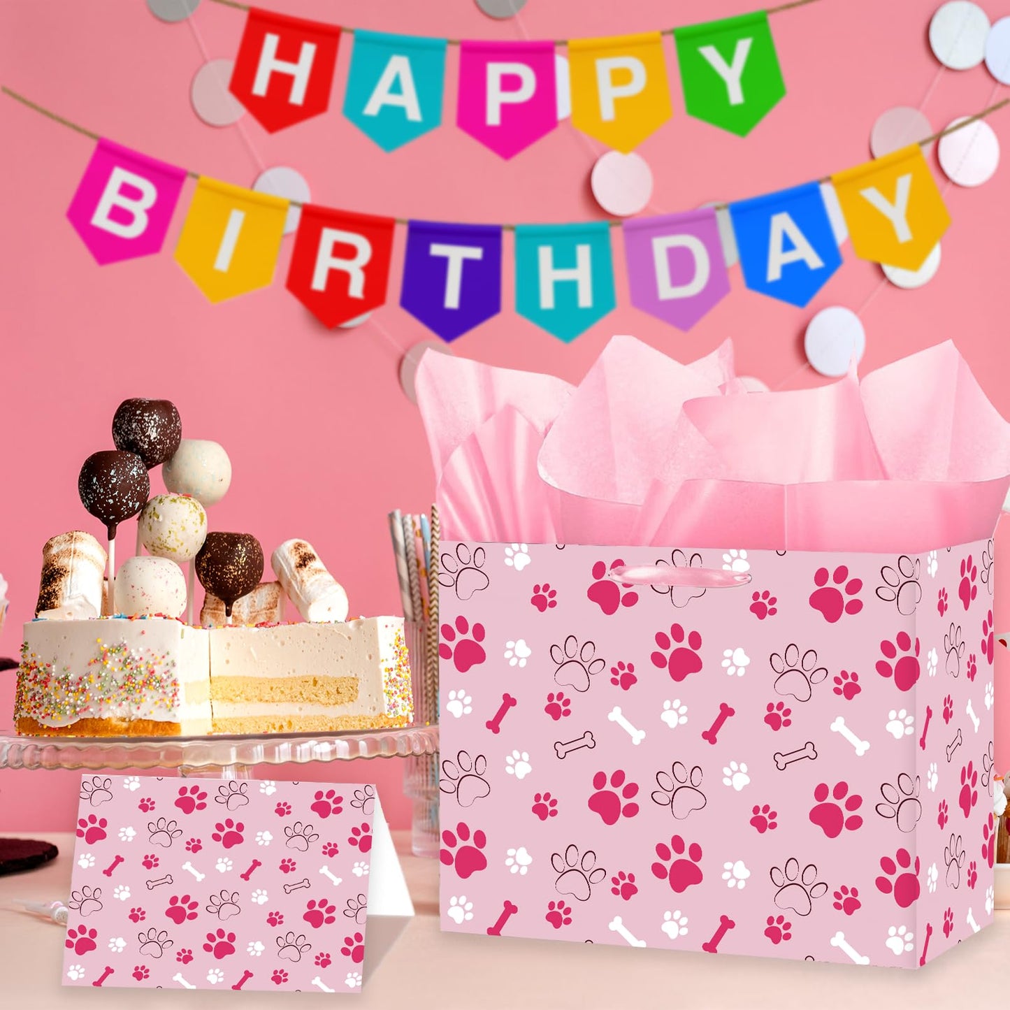 Pink Dog Paw Print Gift Bag Large Dog Birthday Gift Bag Paw Print Wrapping paper with Tissue Paper and & Card for Girl Boy Young Puppy Party Decorations Pet Themed Celebrations Birthday Party