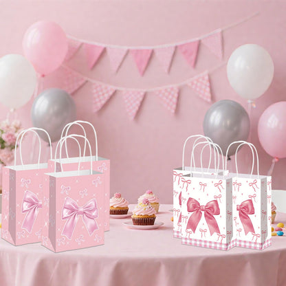 12pcs Pink Bow Gifts Bags with Handles, Small Gifts Bags Medium Size for Birthday Baby Shower Bachelorette, Pink Goodie Pouch for Candy Favors Treats Coquette Paper Pouch Party Supplies