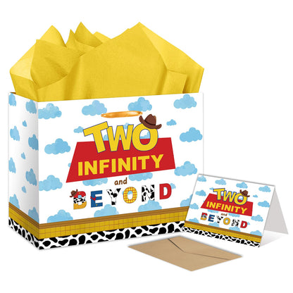 ONANNA Two Infinity and Beyond Birthday Gift Bag with Tissue Paper and Greeting Card Cartoon Boy 2nd Birthday Gifts Wrapping Bag 2 Year Old Birth Day Decorations Supplies
