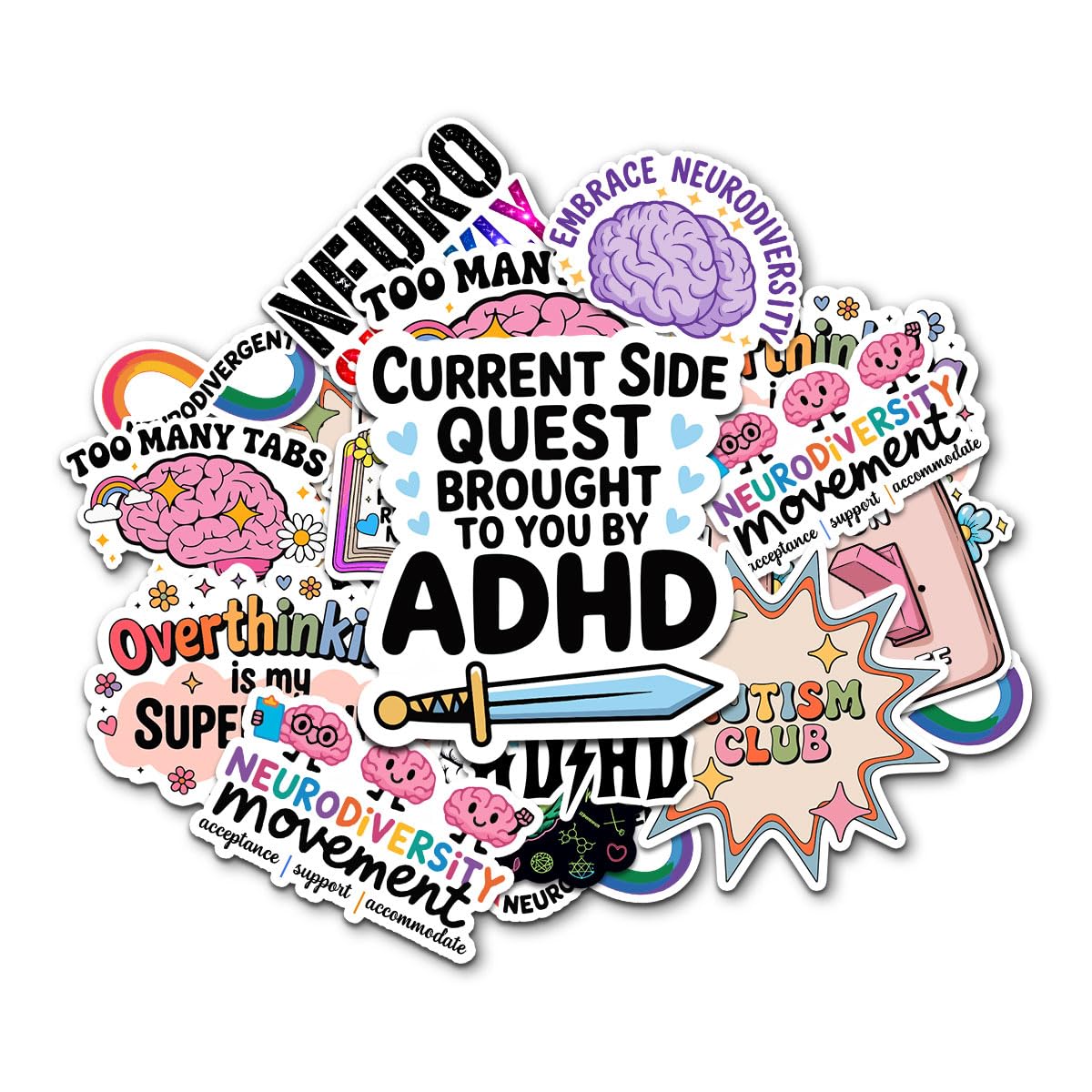 12pcs ADHD Stickers Pack, Funny Mental Health Neurodivergent Stickers, Neurodiversity Hyperfocus Sticker, ADHD Awareness Therapy Gifts Decal Waterproof for Kids Adults, Laptop Tablet Water Bottle