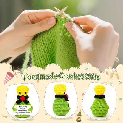 BiuNiuring Positive Handmade Crochet Champagne Birthday Gifts for Women Men, Mini Funny for Him Her,Inspirational Cute Small Stuff for Grandma Mom Dad Son Daughter Sister Friends Coworkers