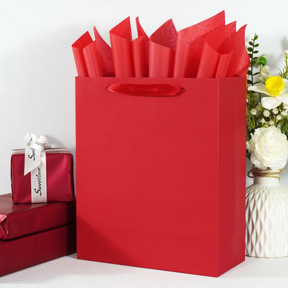 Elegant Red Gift Bag 10.2"x4.7"x12.2" with Ribbon Handles, Includes Card and Tissue Papers, Perfect for Birthdays, Weddings, Parties, Holidays, Baby Shower