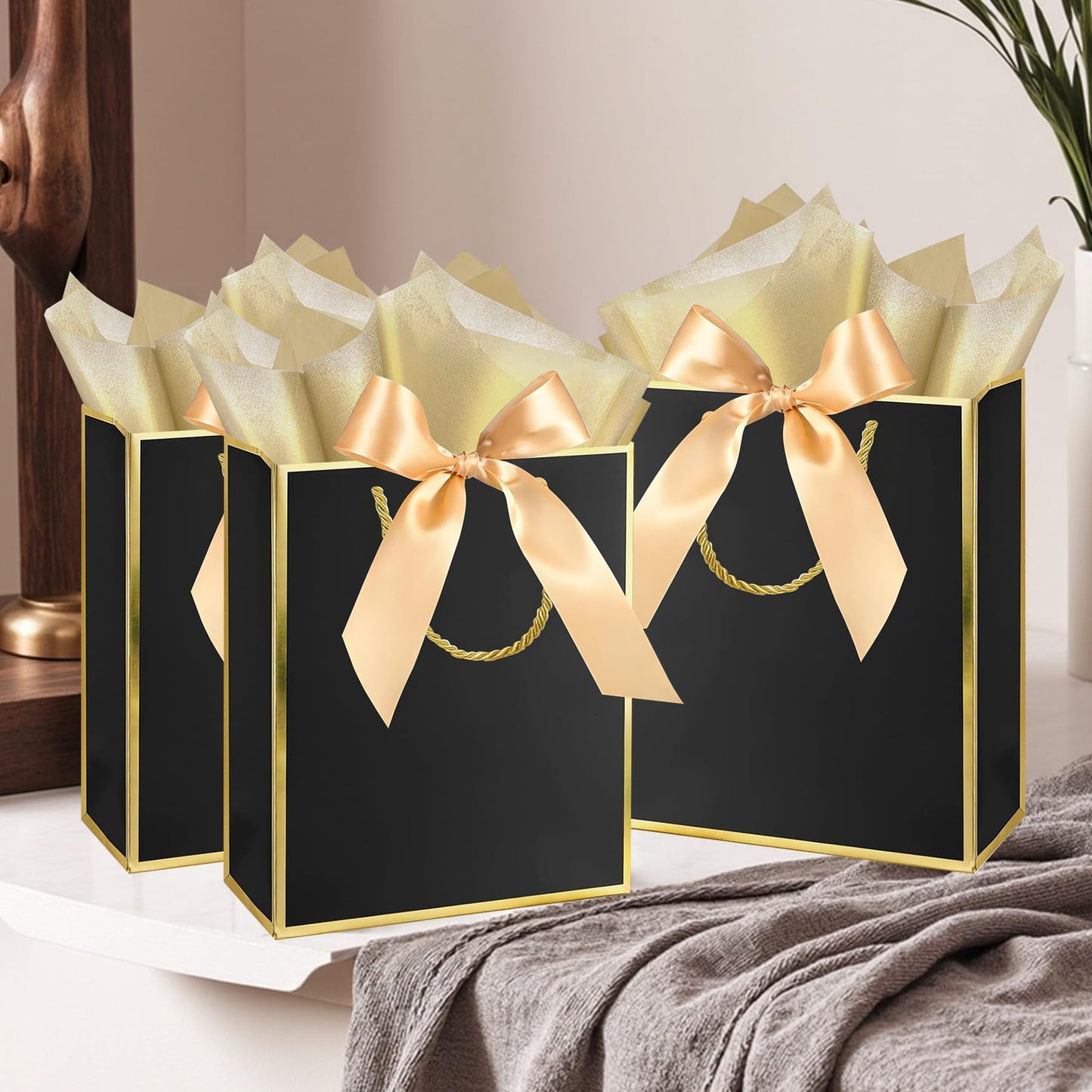 GEGIBOA Gift Bags 3 Pcs Medium Size Paper Gift Bags with Tissue Paper and Handles,Bow Ribbon and Greeting Cards, 8" x 5" x 10", Black