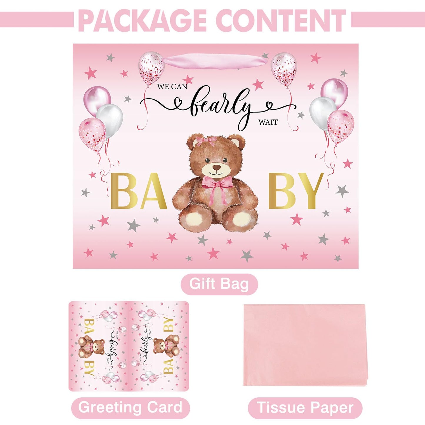 Laidans 13" Baby Shower Birthday Gift Bag for Girl with Tissue Papers and Card Pink Balloons Bear Design with Handles (Pink)