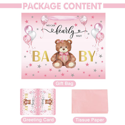 Laidans 13" Baby Shower Birthday Gift Bag for Girl with Tissue Papers and Card Pink Balloons Bear Design with Handles (Pink)