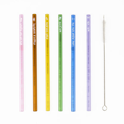 Gift Republic Cocktail Recipe Straws – Pack of 6 Reusable Glass Straws with Classic Cocktail Measurements – Includes Cleaning Brush – Fun Mixology Gift for Parties & Home Bars