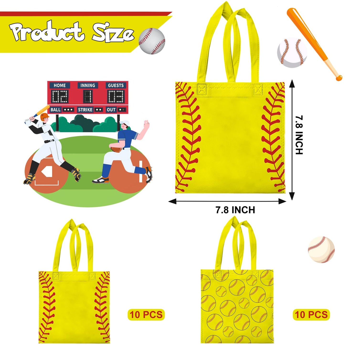 Ertyjikg 20 Pcs Softball Goodie BagsNon-woven Reusable Softball Bag for Sport Theme Birthday Party Supplies