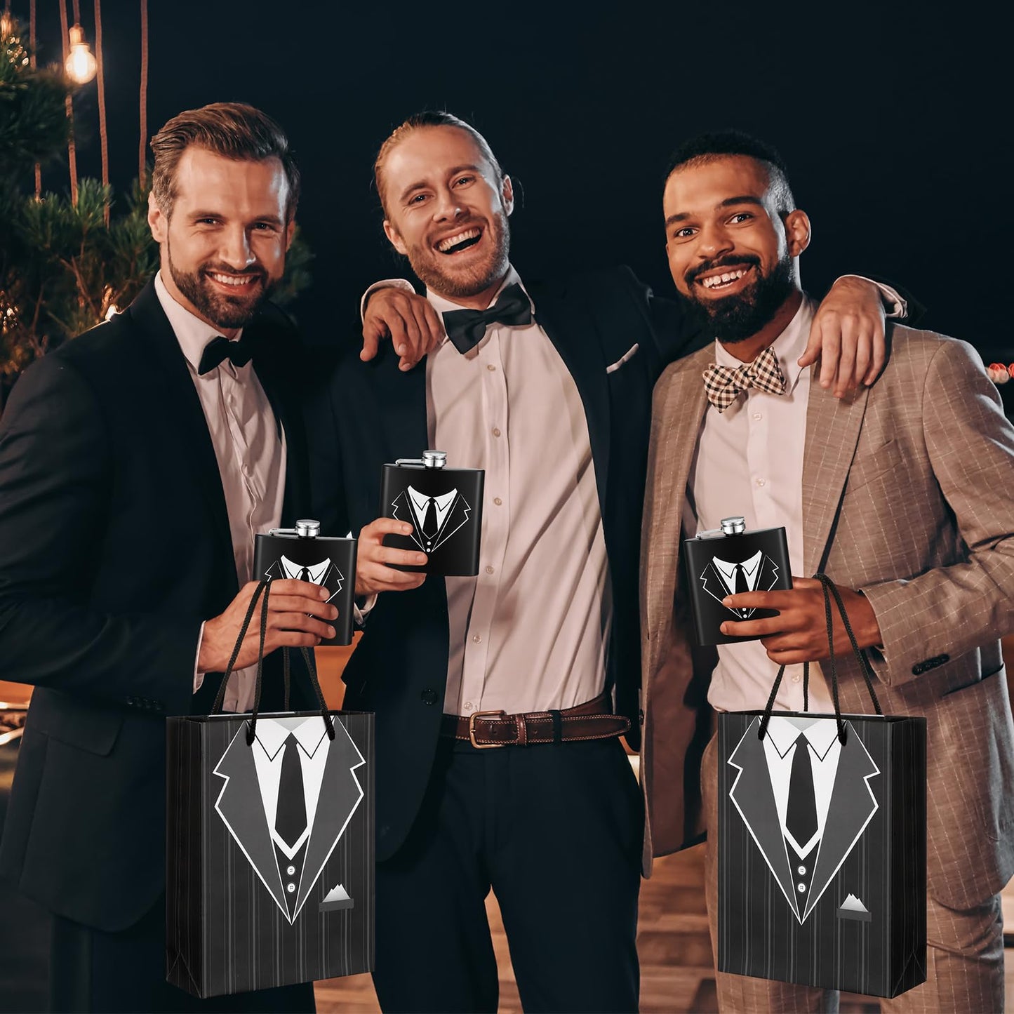 Bokon 72 Pcs Groomsmen Gifts for Men Stainless Steel Tuxedo Flask Groomsmen Gauge Glasses Poker Bottle Opener Groomsman Gift Bag Sunglasses with Cards for Wedding Bachelor Party Favors
