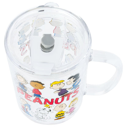 Silver Buffalo Peanuts Group Travel Glass Mug with Slide Close Lid and Handle Featuring Linus, Pig-Pen, Franklin, Schroeder, Sally, Lucy, Charlie Brown, Snoopy, and Woodstock, 14 Ounces