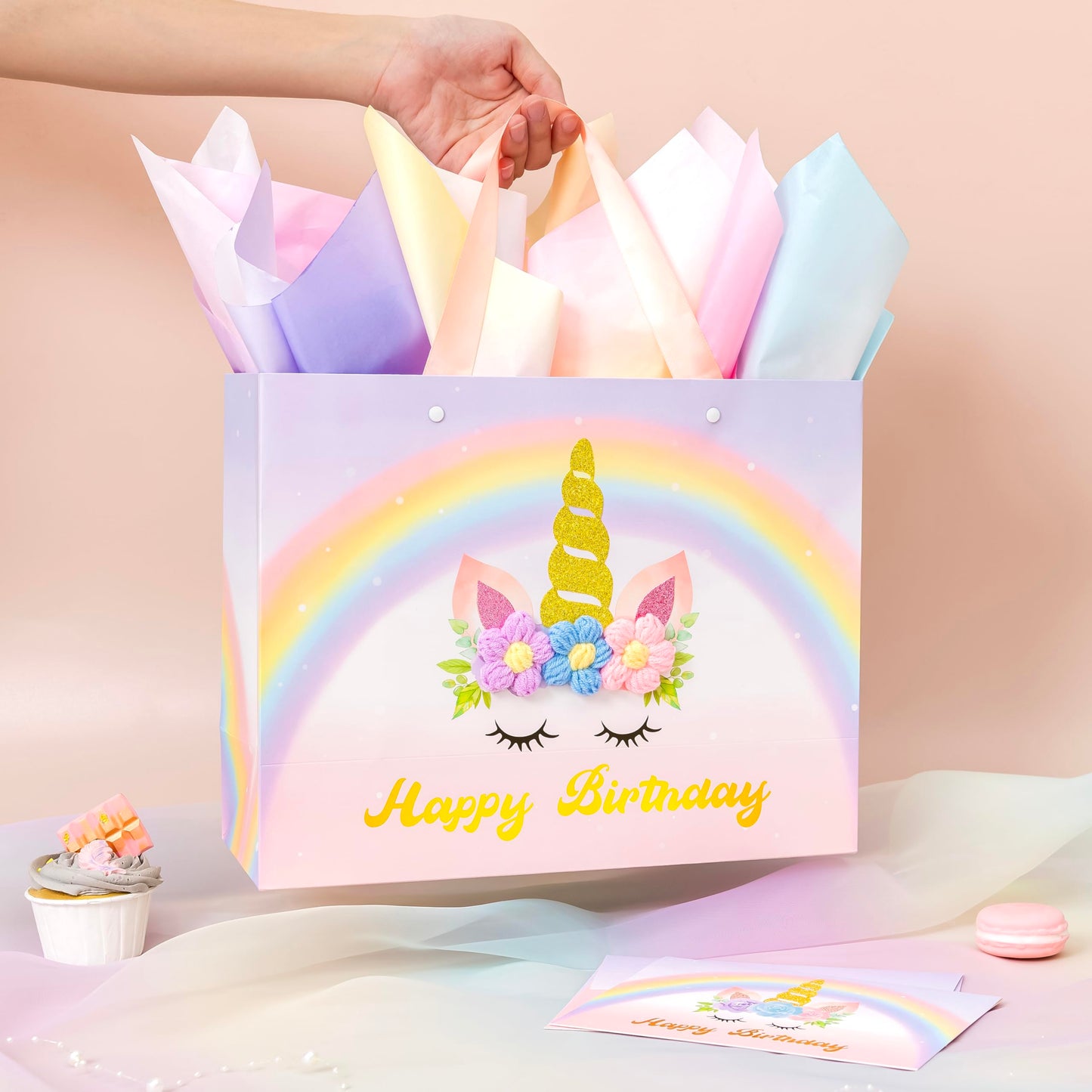 Crisky Unicorn Birthday Bags for Girls with Card & Tissue Paper, Birthday Gift Bags for Kids Baby Daughter Bday Party Decorations Gift Ideas