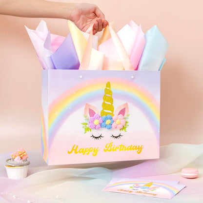 Crisky Unicorn Birthday Bags for Girls with Card & Tissue Paper, Birthday Gift Bags for Kids Baby Daughter Bday Party Decorations Gift Ideas