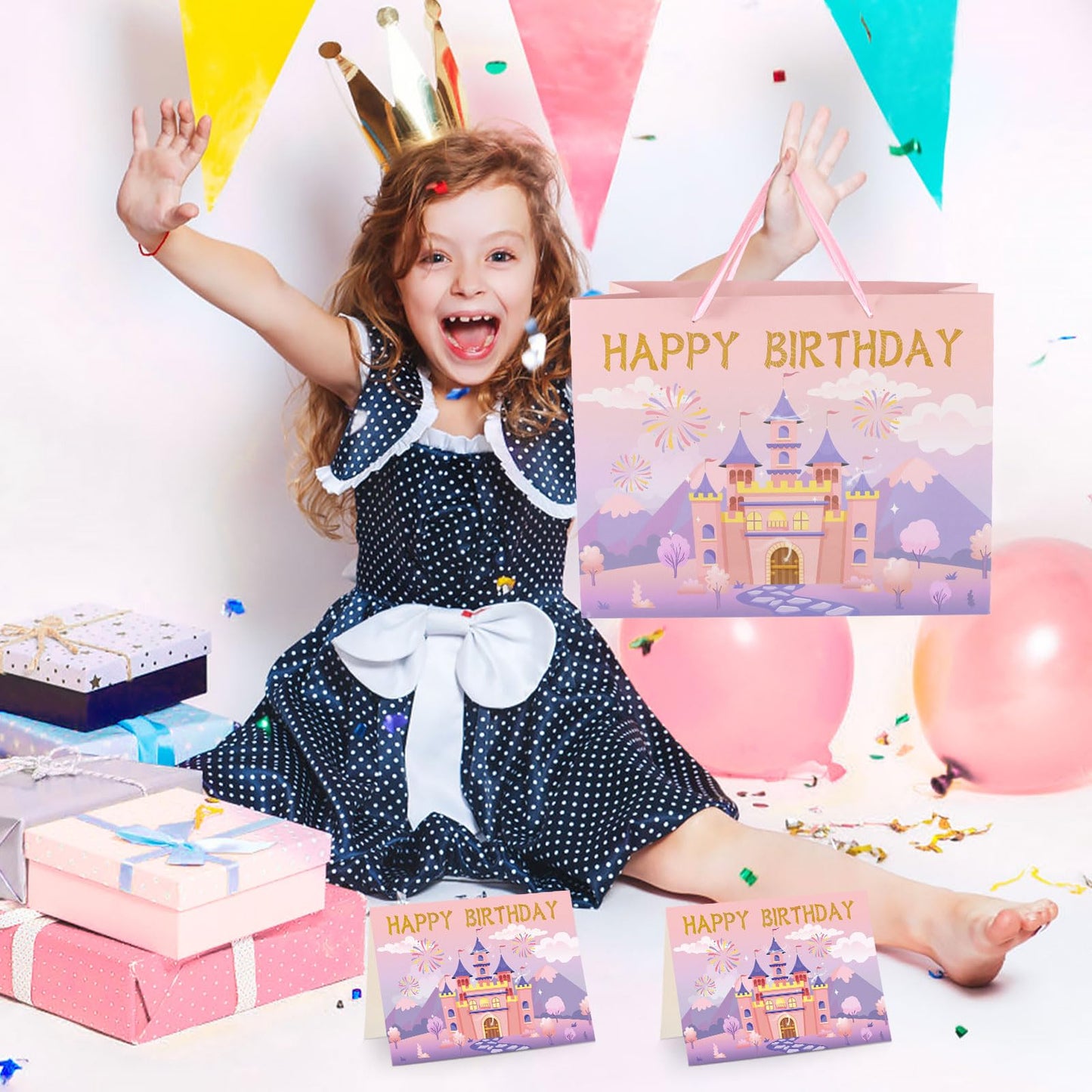 Hooqict Large Princess Gift Bag Birthday Gift Wrap Bag with Ribbon Handles, Tissue Paper, Greeting Card for Kids Girls Women Castle Princess Birthday Party Decorations Favor (Pink and Purple)