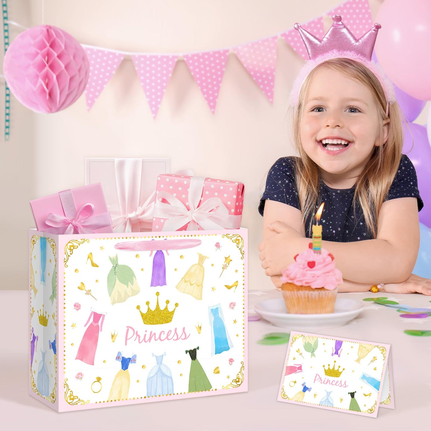 Reyoust 13” Large Princess Themed Gift Bags With Handles and Pink Wrapping Paper Greeting Card Crown Dress Design Gift Bag for Girls Birthday Party Baby shower Decor 1Pcs 13" L x 10.2" H x 4.9" W